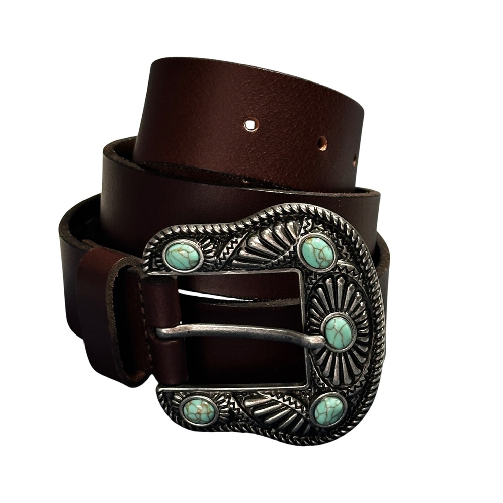 Lucky Brand Brown Leather Western Belt Turquoise Buckle GB1022 Size S